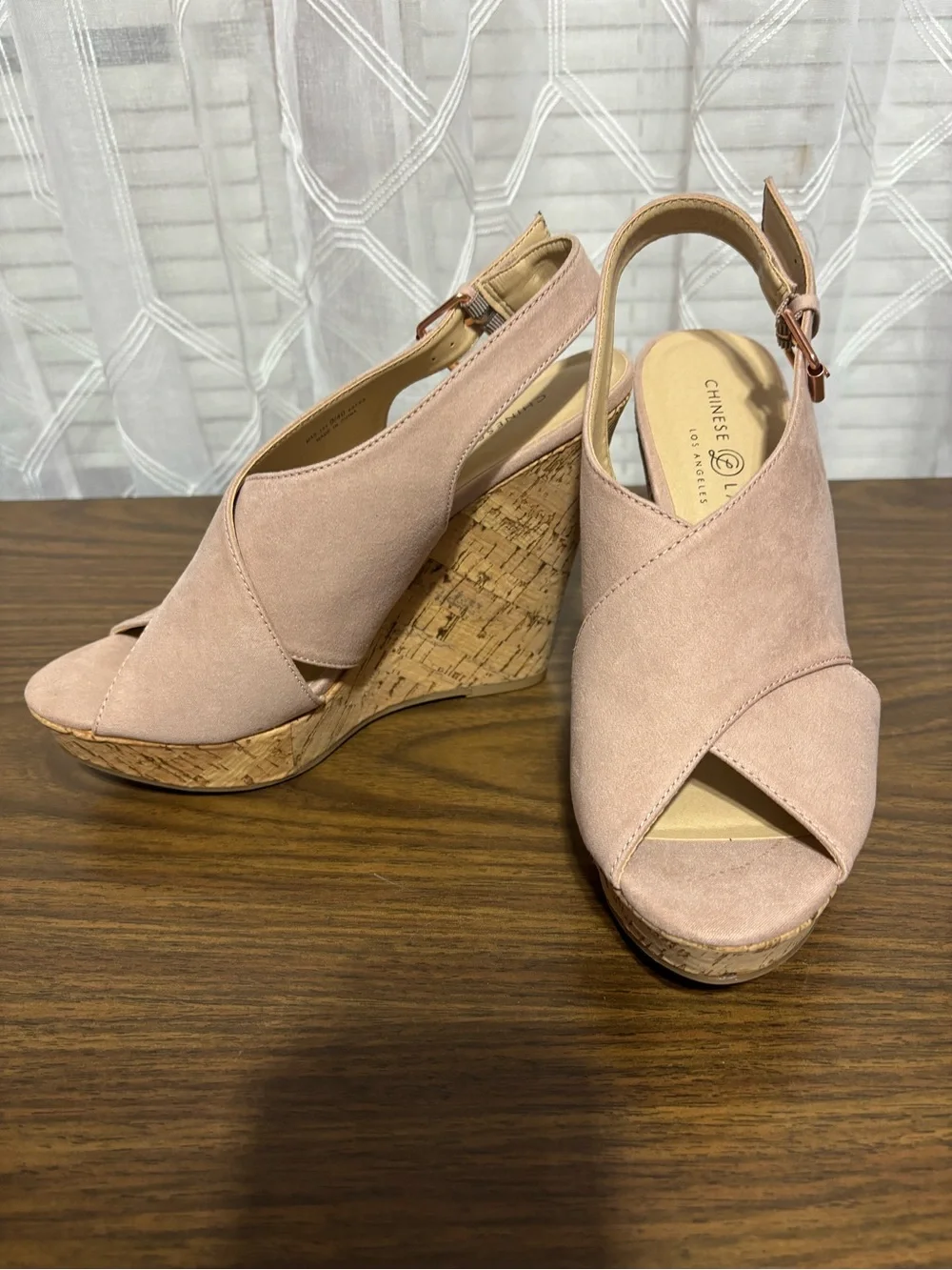 Chinese Laundry 9 Women’s Pink Suede CorkWedge Sandals Slingback 5” wedge